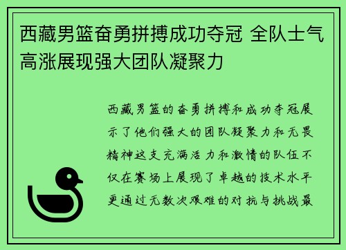 西藏男篮奋勇拼搏成功夺冠 全队士气高涨展现强大团队凝聚力
