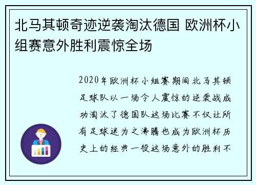 北马其顿奇迹逆袭淘汰德国 欧洲杯小组赛意外胜利震惊全场