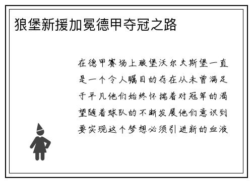 狼堡新援加冕德甲夺冠之路