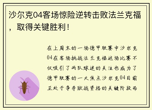 沙尔克04客场惊险逆转击败法兰克福，取得关键胜利！
