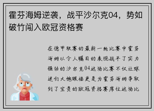 霍芬海姆逆袭，战平沙尔克04，势如破竹闯入欧冠资格赛