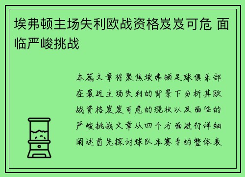 埃弗顿主场失利欧战资格岌岌可危 面临严峻挑战