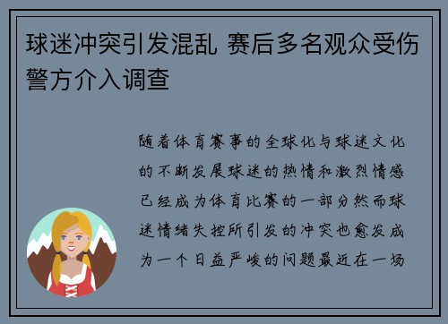 球迷冲突引发混乱 赛后多名观众受伤警方介入调查